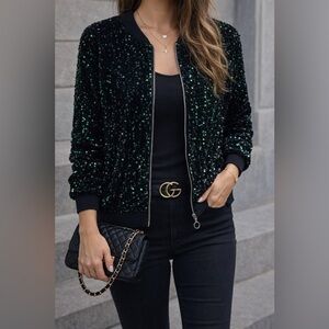 Sequin Bomber Jacket Black Green Iridescent 1X Statement Party Festival